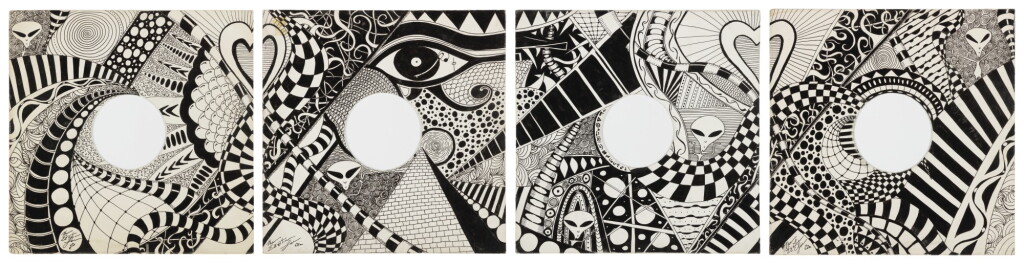 View full screen - View 1 of Lot 95. EGYPTIAN LOVER | UNTITLED INSTALLATION OF 4 ORIGINAL PEN-AND-INK DRAWINGS ON LP SLEEVES, VARIOUS DATES..