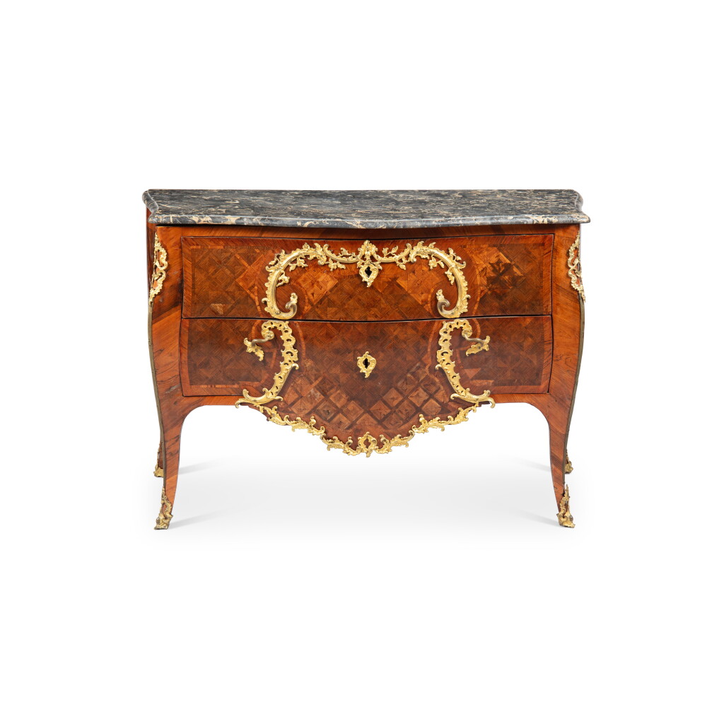 View full screen - View 1 of Lot 134. A Louis XV gilt-bronze mounted kingwood and rosewood veneered commode, circa 1760, stamped by Germain Landrin | Commode en placage de bois de violette et palissandre de Rio et bronze doré, d'époque Louis XV, vers 1760, estampille de Germain Landrin.