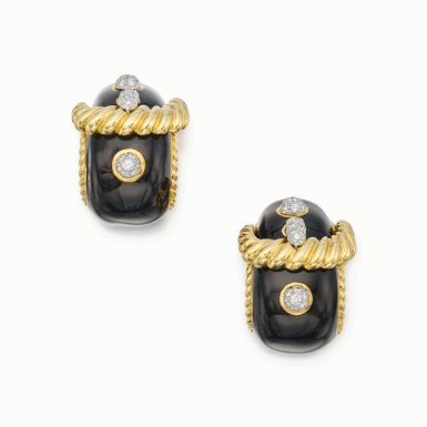 View full screen - View 1 of Lot 310. Pair of Gold, Enamel and Diamond Earclips.