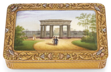 View full screen - View 1 of Lot 50. A FOUR-COLOUR GOLD AND ENAMEL SNUFF BOX, PROBABLY HANAU, CIRCA 1825.