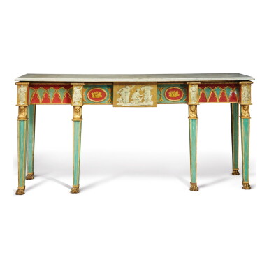 View full screen - View 1 of Lot 707. A REGENCY RED AND GREEN-PAINTED AND PARCEL GILT COMPOSITION SIDE TABLE, EARLY 19TH CENTURY.