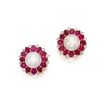 Pair of Cultured Pearl, Ruby and Diamond Ear Clips | 海瑞溫斯頓 | 養殖珍珠 配 紅寳石 及 鑽石 耳夹一對