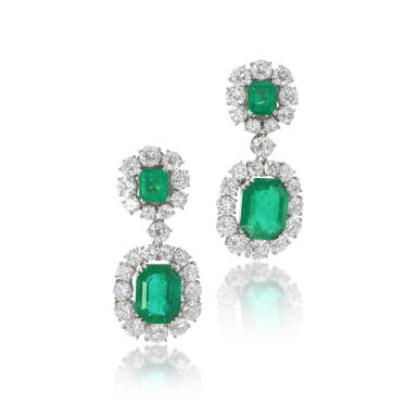 View full screen - View 1 of Lot 725. Pair of emerald and diamond pendent ear clips.