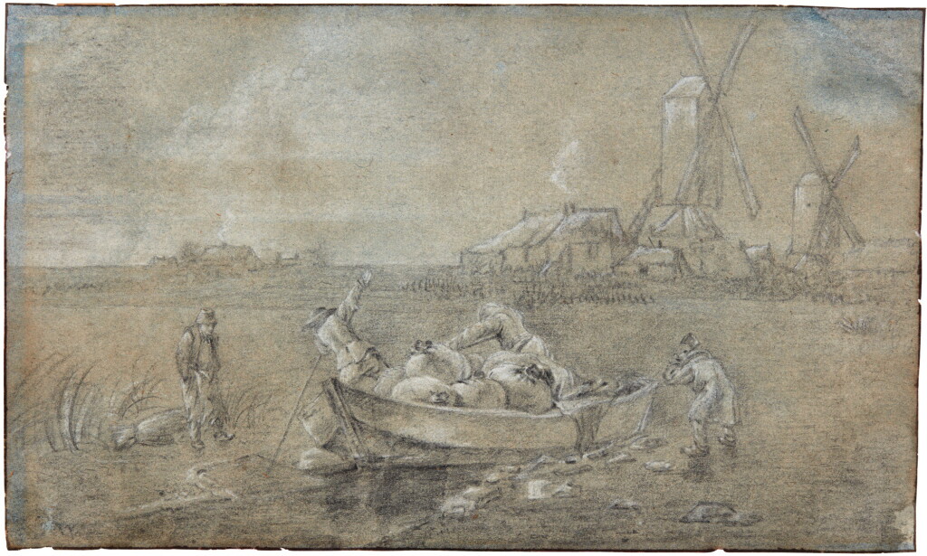 View full screen - View 1 of Lot 95. DUTCH SCHOOL, 17TH CENTURY | FIGURES ON A BOAT WITH TWO WINDMILLS IN THE BACKGROUND.