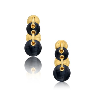 View full screen - View 1 of Lot 121. Pair of Gold and Onyx Earclips.