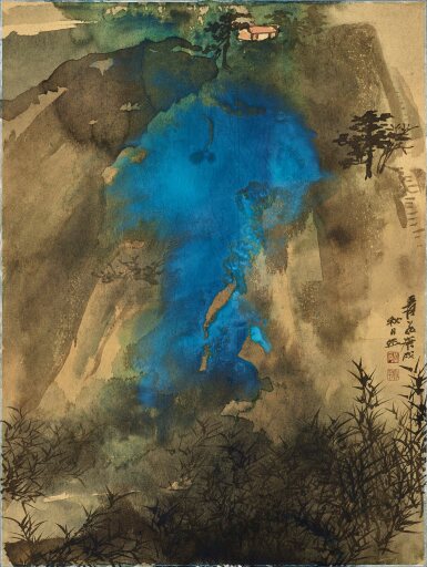 View full screen - View 1 of Lot 3124. 張大千 松岩葦岸 | Zhang Daqian, Lush Mountains by Reed Grove.