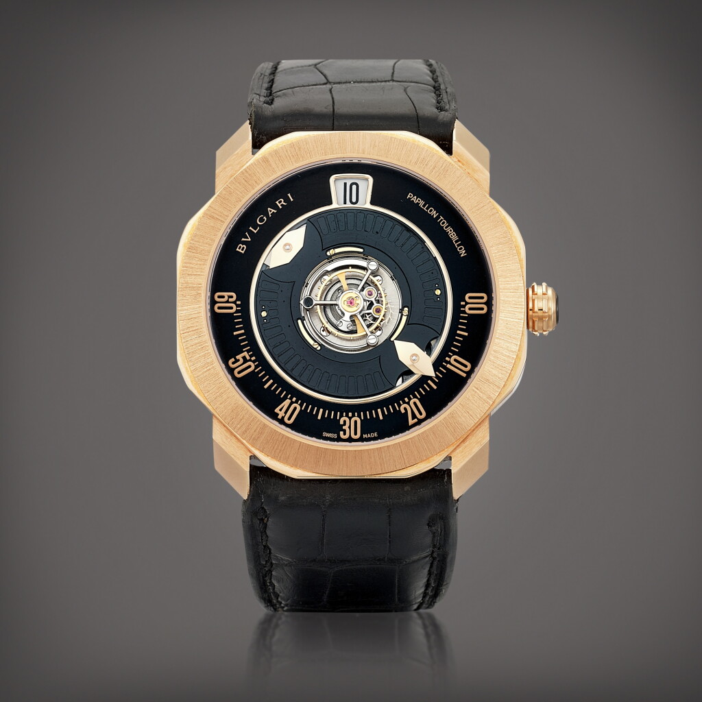 View full screen - View 1 of Lot 2181. Octa Roma Papillon Central Tourbillon, Reference 103475 | A pink gold flying tourbillon jumping hours wristwatch with "Papillon" hands and power reserve indication, Circa 2022 | 寶格麗 | Octa Roma Papillon Central Tourbillon 型號103475 |粉紅金飛行陀飛輪跳時腕錶,備 "Papillon" 指針及動力儲備顯示,約2022年製.