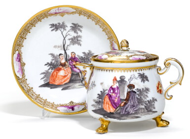 View full screen - View 1 of Lot 90. A MEISSEN CREAM JUG, COVER AND STAND, CIRCA 1740.