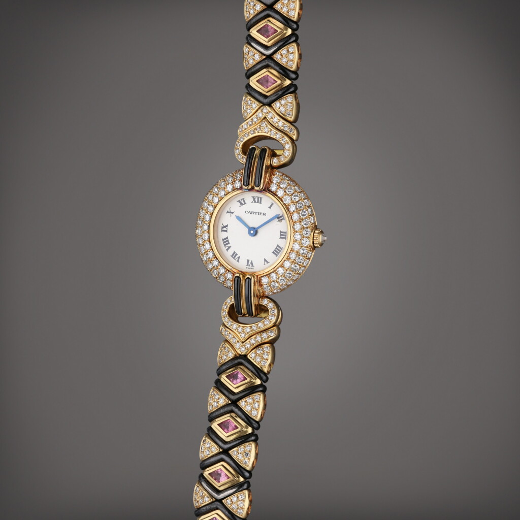 View full screen - View 1 of Lot 96. Reference 2929 Vendôme | A yellow gold and diamond, amethyst, and hematite-set bracelet watch, Circa 2000.