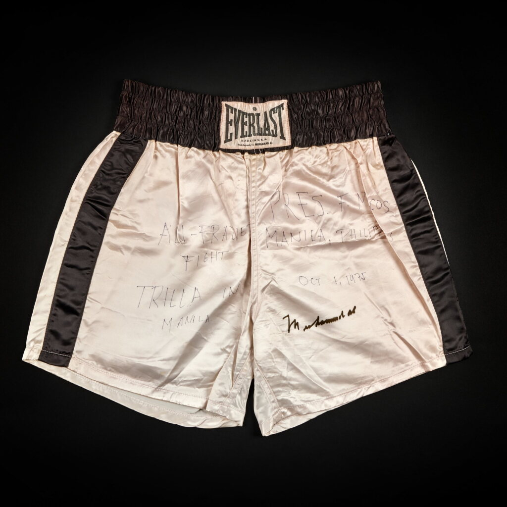 View full screen - View 1 of Lot 3. Muhammed Ali ‘Thrilla in Manila’ Fight Worn Everlast Shorts.