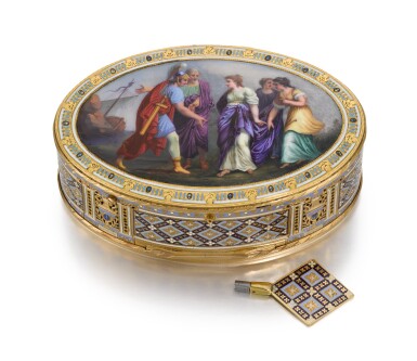 View full screen - View 1 of Lot 15. A GOLD AND ENAMEL SNUFF BOX WITH MUSIC AND AUTOMATON, GUIDON, RÉMOND, GIDE, GENEVA, 1792-1801.
