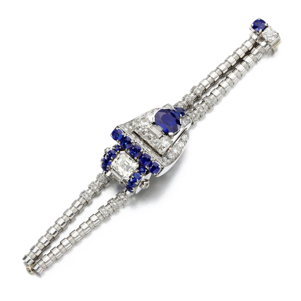 View full screen - View 1 of Lot 145. Sapphire and diamond bracelet, late 1930s.