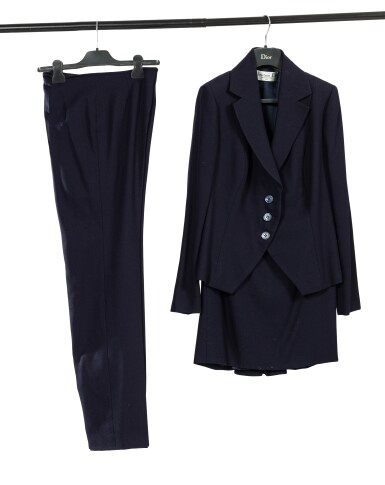 View full screen - View 1 of Lot 270. Three-piece navy wool crepe haute couture suit: jacket, skirt, and pants, Dior "Malice" bag by John Galliano and a selection of accessories.