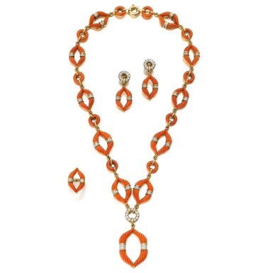 View full screen - View 1 of Lot 148. Parure corail et diamants | Coral and diamond parure.