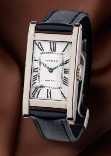 View full screen - View 1 of Lot 57. Eight Days Tank Allongée | A rare and important 18ct white gold 8-day duration wristwatch with a platinum and gold deployant buckle | Circa 1934.