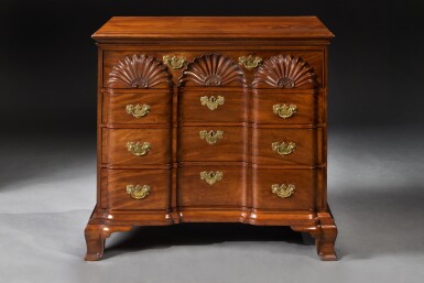 View full screen - View 1 of Lot 838. The Important Lieutenant Colonel Caleb Gardner Chippendale Block-and-Shell-Carved and Figured Mahogany Block-Front Chest of Drawers, Attributed to John Townsend (1733-1809), Newport, Rhode Island, Circa 1788.