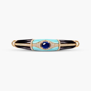 View full screen - View 1 of Lot 1254. Sapphire, Turquoise, Onyx and Diamond Bangle | 藍寶石 配 綠松石 及 縞瑪瑙 及 鑽石 手鐲.