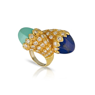 View full screen - View 1 of Lot 28. DAVID WEBB | TURQUOISE, LAPIS LAZULI AND DIAMOND RING.