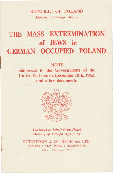 View full screen - View 1 of Lot 97. Polish Government in Exile, The mass extermination of the Jews in Poland, London, 1942.