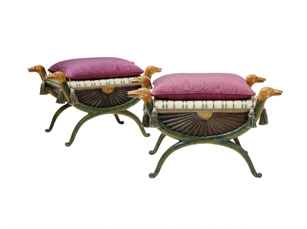 View full screen - View 1 of Lot 123. A PAIR OF RUSSIAN PAINTED AND GILTWOOD X STOOLS, EARLY 19TH CENTURY | PAIRE DE TABOURETS CURULES EN BOIS SCULPTÉ, PEINT ET DORÉ, TRAVAIL RUSSE DU DÉBUT DU XIXE SIÈCLE.
