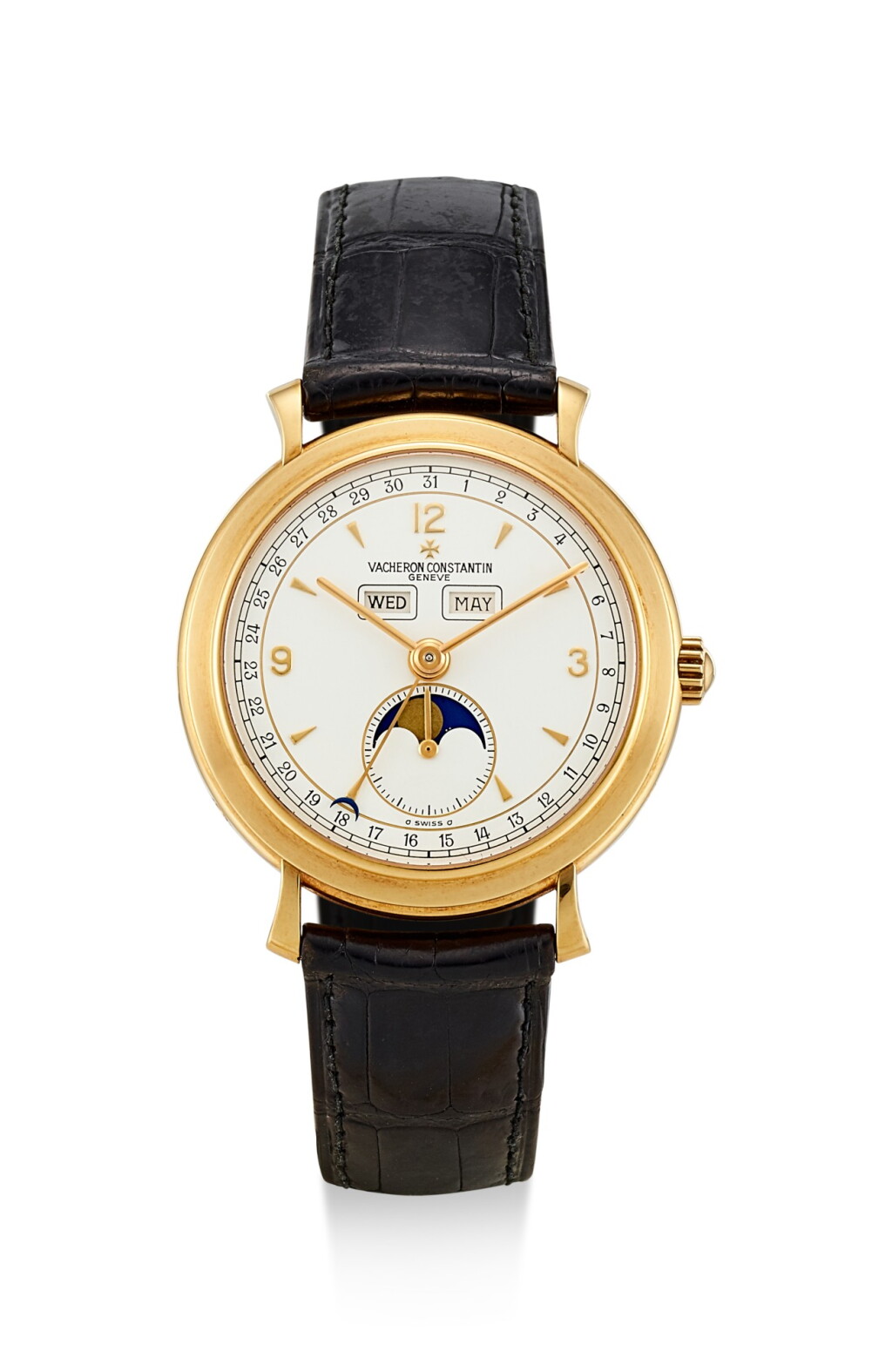 View full screen - View 1 of Lot 8226. VACHERON CONSTANTIN | REFERENCE 37150, A YELLOW GOLD TRIPLE CALENDAR WRISTWATCH WITH MOON PHASES, CIRCA 1998.