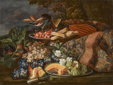 View full screen - View 1 of Lot 35. Still life of figs, grapes, a melon, strawberries and biscuits, accompanied by glassware, a lute and an oriental carpet.