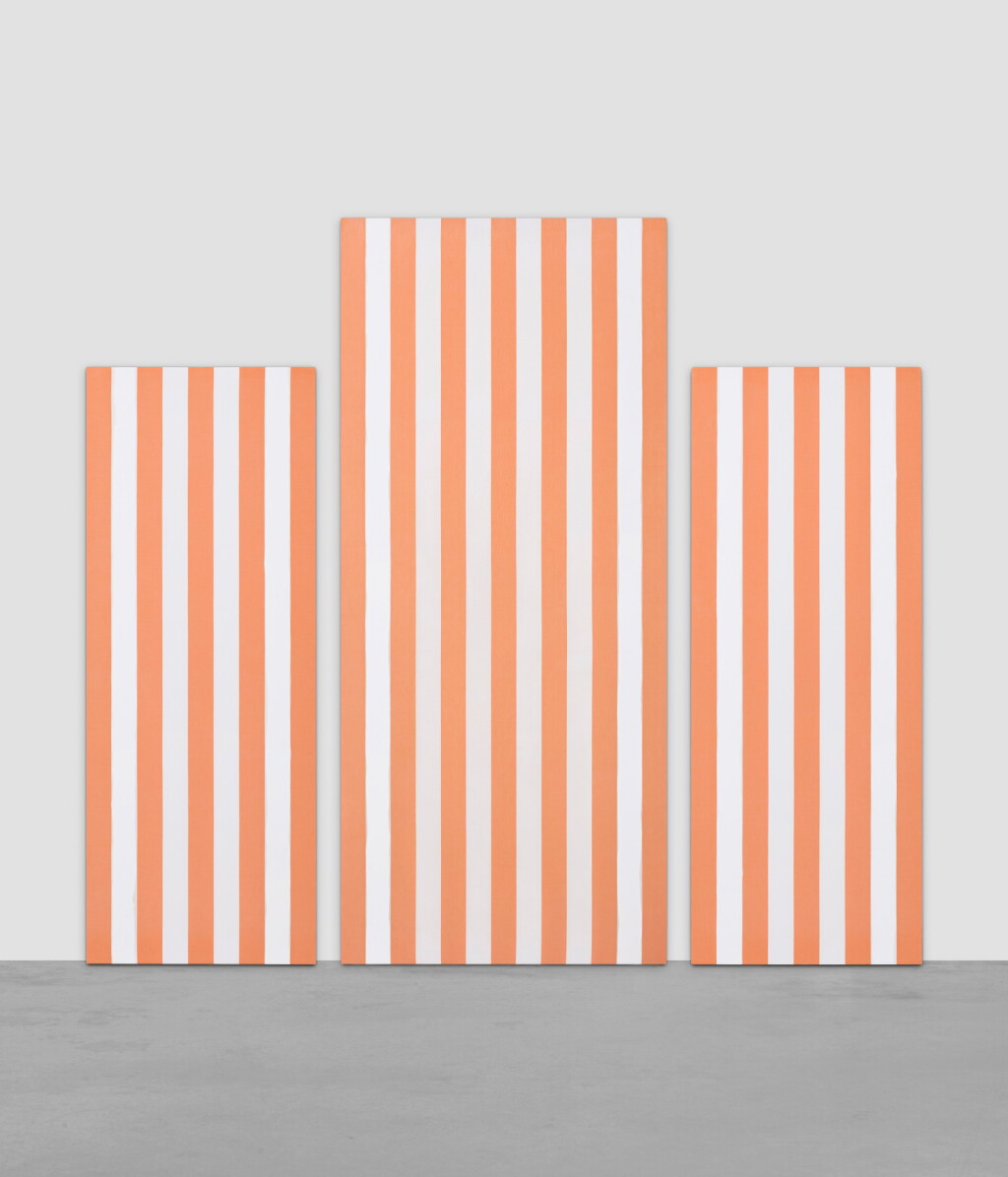 View full screen - View 1 of Lot 14. Peinture acrylique recto-verso sur tissu rayé blanc et orange, Anvers.