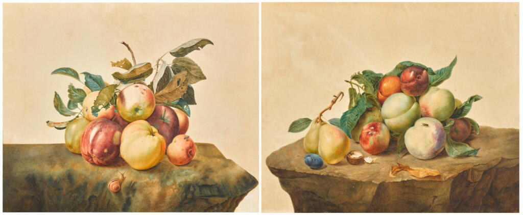 View full screen - View 1 of Lot 87. C. GERADTS | A still life with apples and a snail; and A still life with peaches, pears, plums and a walnut.
