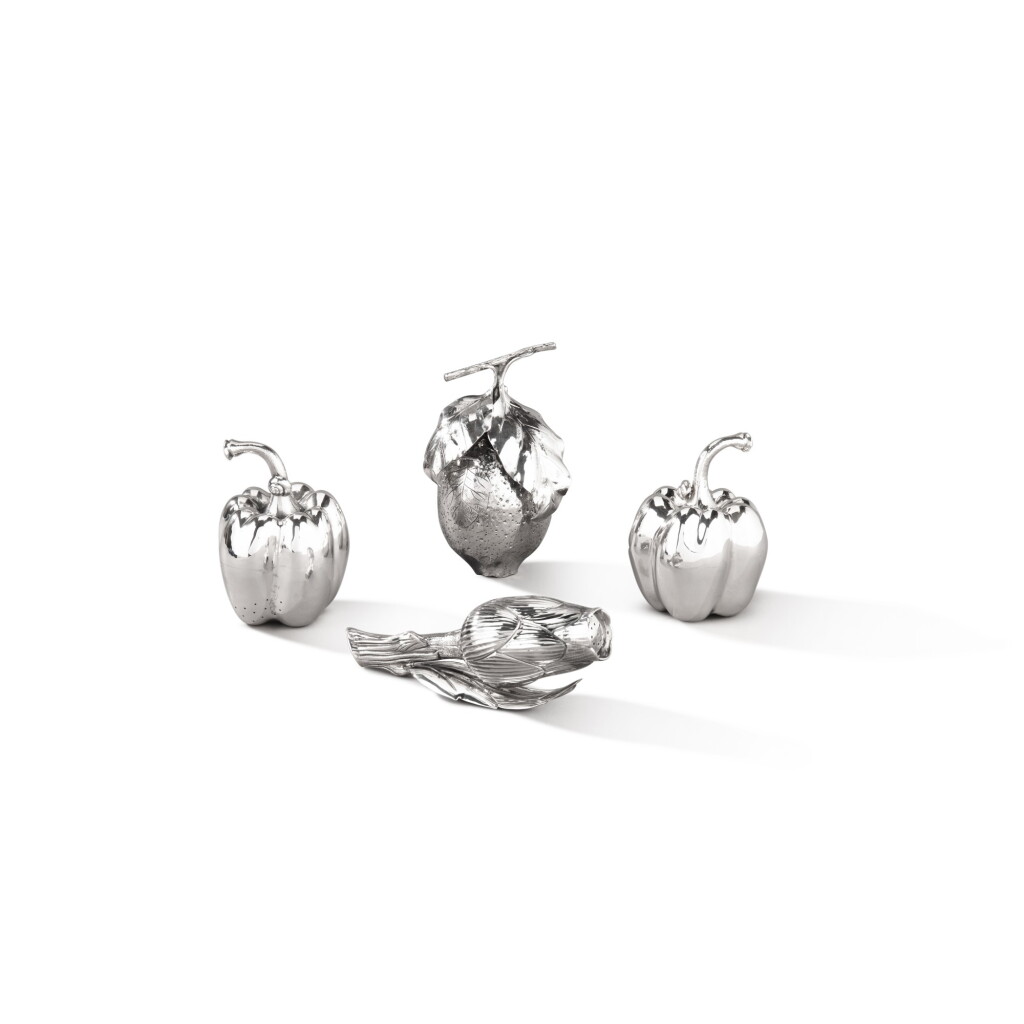 View full screen - View 1 of Lot 79. A set of 4 silver salt-cellars and pepper-mills shaped as vegetables and lemon signed Missaglia (Venice), Milan and Padova | modern Ensemble de quatre salières et moulins à poivre en argent en forme de légumes et citron signés Missaglia (Venise)),Milan et Pietro de Boni, Padoue, moderne.