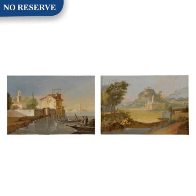 View full screen - View 1 of Lot 103. View of a port, with fishermen coming to shore; A fisherman along a riverbank, a hillside town beyond.