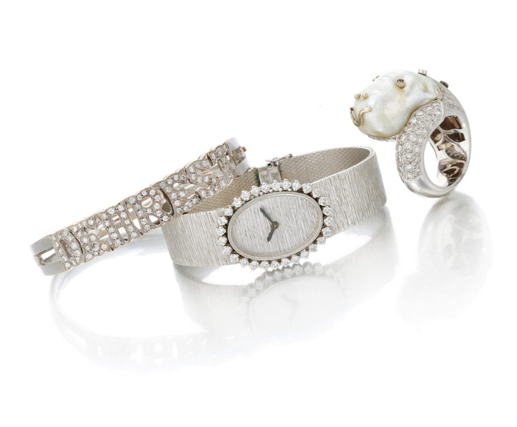 View full screen - View 1 of Lot 60. Diamond bracelet, diamond and cultured pearl ring and diamond wristwatch (Bracciale con diamanti, anello in diamanti con perla coltivata e orologio da polso in diamanti).