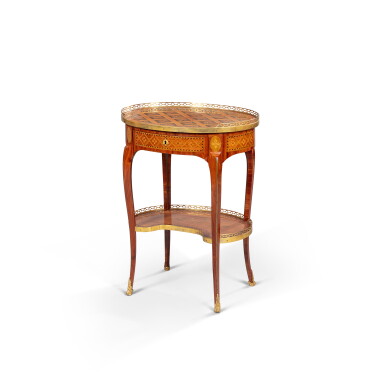 View full screen - View 1 of Lot 412. A Louis XV gilt-bronze mounted kingwood, tulipwood and hollywood salon table, circa 1770, stamped by Jean-Pierre Dusautoy.