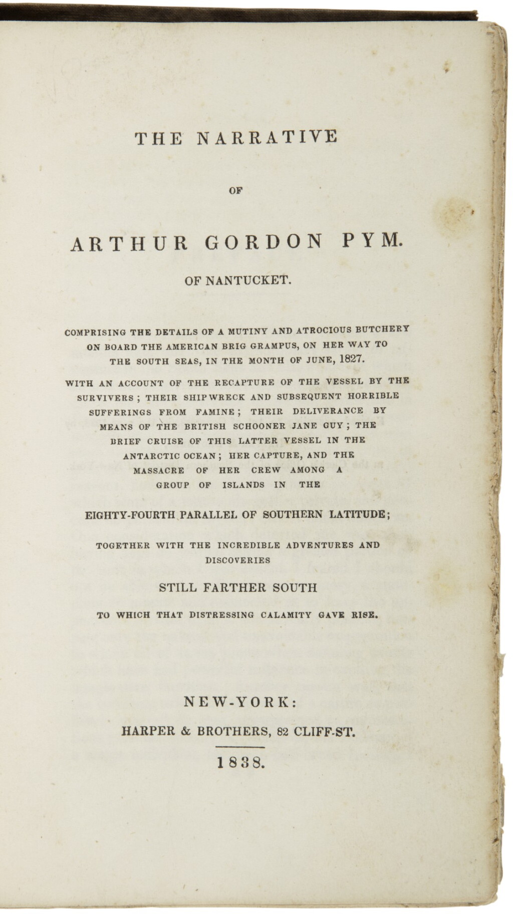 View full screen - View 1 of Lot 72. POE, EDGAR ALLAN | The Narrative of Arthur Gordon Pym of Nantucket. New York: Harper and Brothers, 1838.