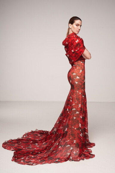 View full screen - View 1 of Lot 37. Haute Couture Floral Printed Silk Chiffon and Gazar Evening Gown.