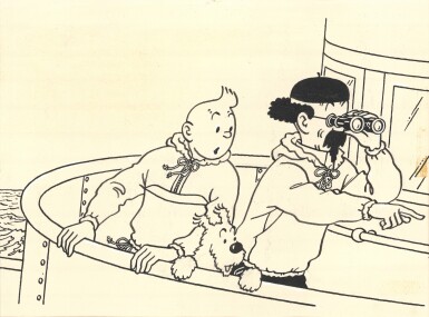 View full screen - View 1 of Lot 189. Tintin, Milou et le professeur Tournesol à bord du Sirius. Dessin original (encre de Chine, 1951) inspiré d'une scène du Trésor de Rakham le Rouge..