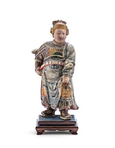 View full screen - View 1 of Lot 83. A finely carved soapstone figure of a guardian warrior, Qing dynasty, 17th-18th century | 清十七至十八世紀 壽山石雕加彩天王立像.