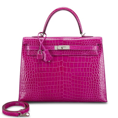 View full screen - View 1 of Lot 590. Rose Scheherazade Shiny Porosus Crocodile Kelly 35 Sellier Palladium Hardware, 2015.