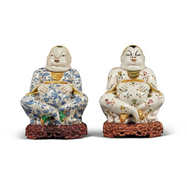 View full screen - View 1 of Lot 1064. Two Continental Faience Cisterns and Covers in the form of Seated Buddhas, 19th Century .