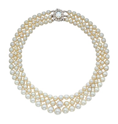 View full screen - View 1 of Lot 33. Natural Pearl, Cultured Pearl and Diamond Necklace.