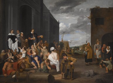 View full screen - View 1 of Lot 240. MATTHEUS VAN HELMONT | A LADY AND GENTLEMAN DISTRIBUTING ALMS TO THE POOR.