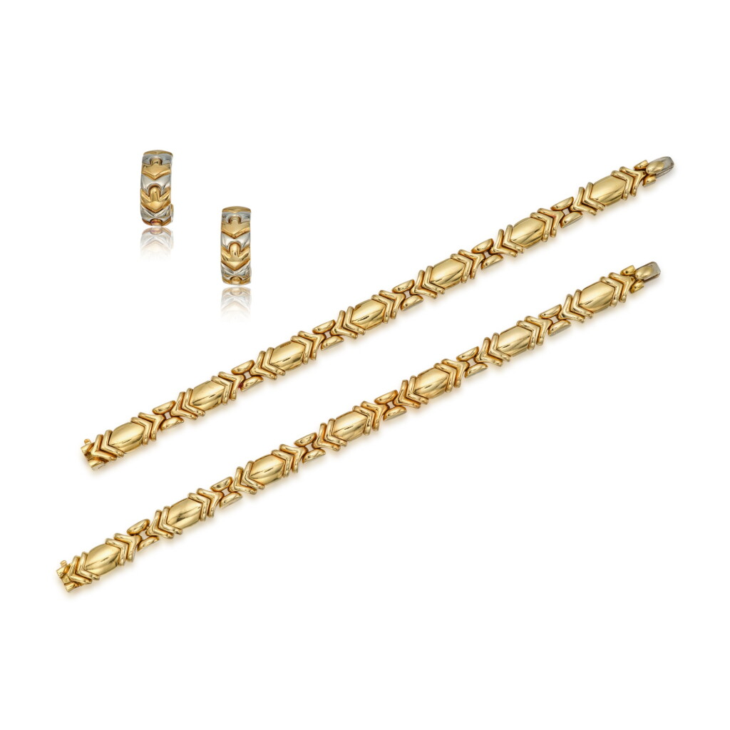 View full screen - View 1 of Lot 389. Two Gold Bracelets and Pair of Two-Color Gold 'Alveare' Earclips.