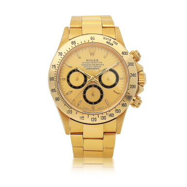 View full screen - View 1 of Lot 253. ROLEX | 'ZENITH' DAYTONA, REF 16528 YELLOW GOLD CHRONOGRAPH WRISTWATCH WITH BRACELET AND 'INVERTED 6' DIAL CIRCA 1991.