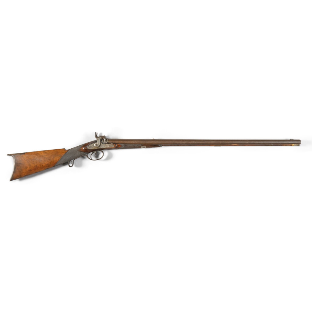 View full screen - View 1 of Lot 477. Fine Carved Walnut, Engraved Steel, and Silver-Mounted Double-Barreled Percussion Rifle, Jacob Kuntz, Philadelphia, Pennsylvania, Circa 1845.