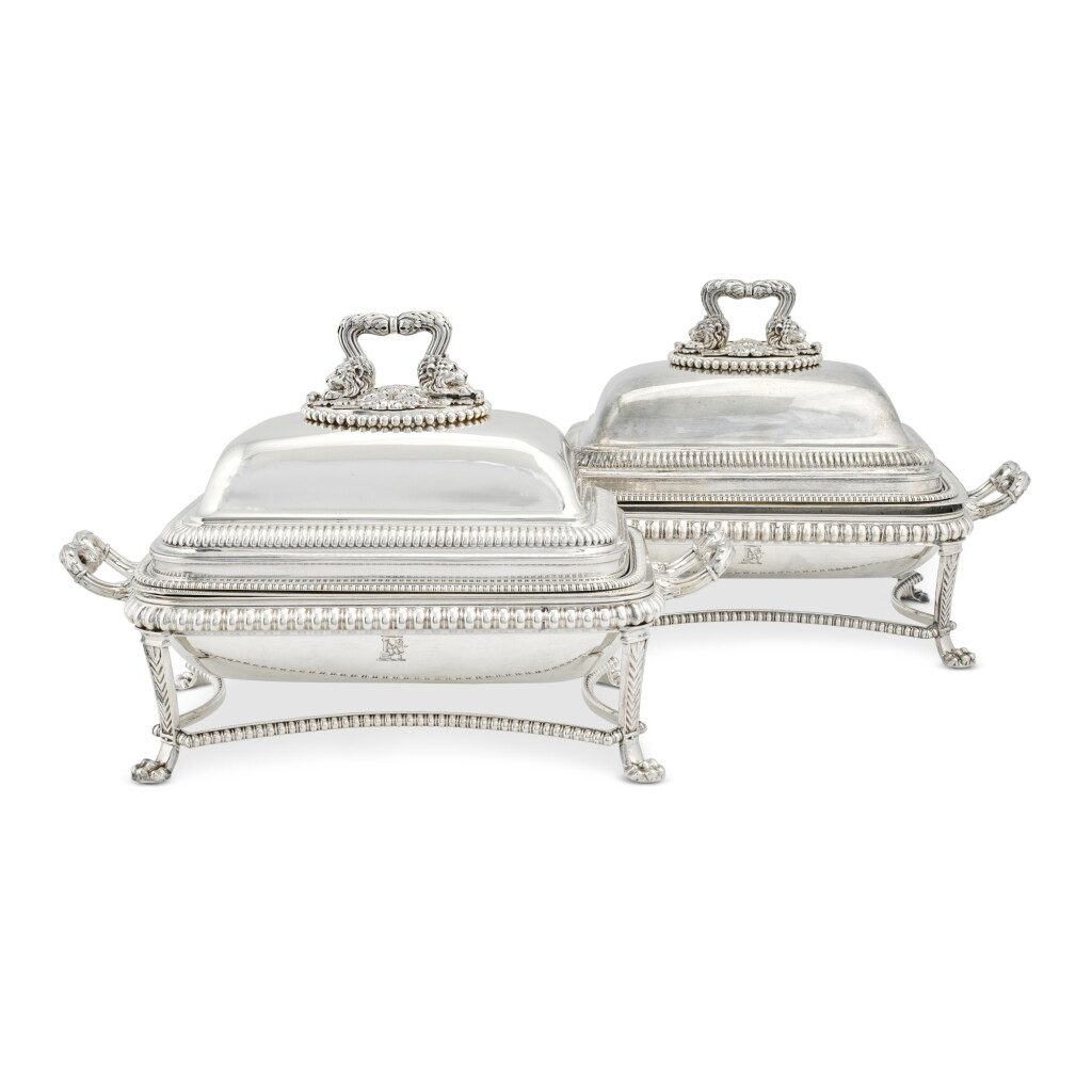 View full screen - View 1 of Lot 50. A pair of George III silver entrée dishes, Paul Storr, London 1805, with Sheffield plate stands.