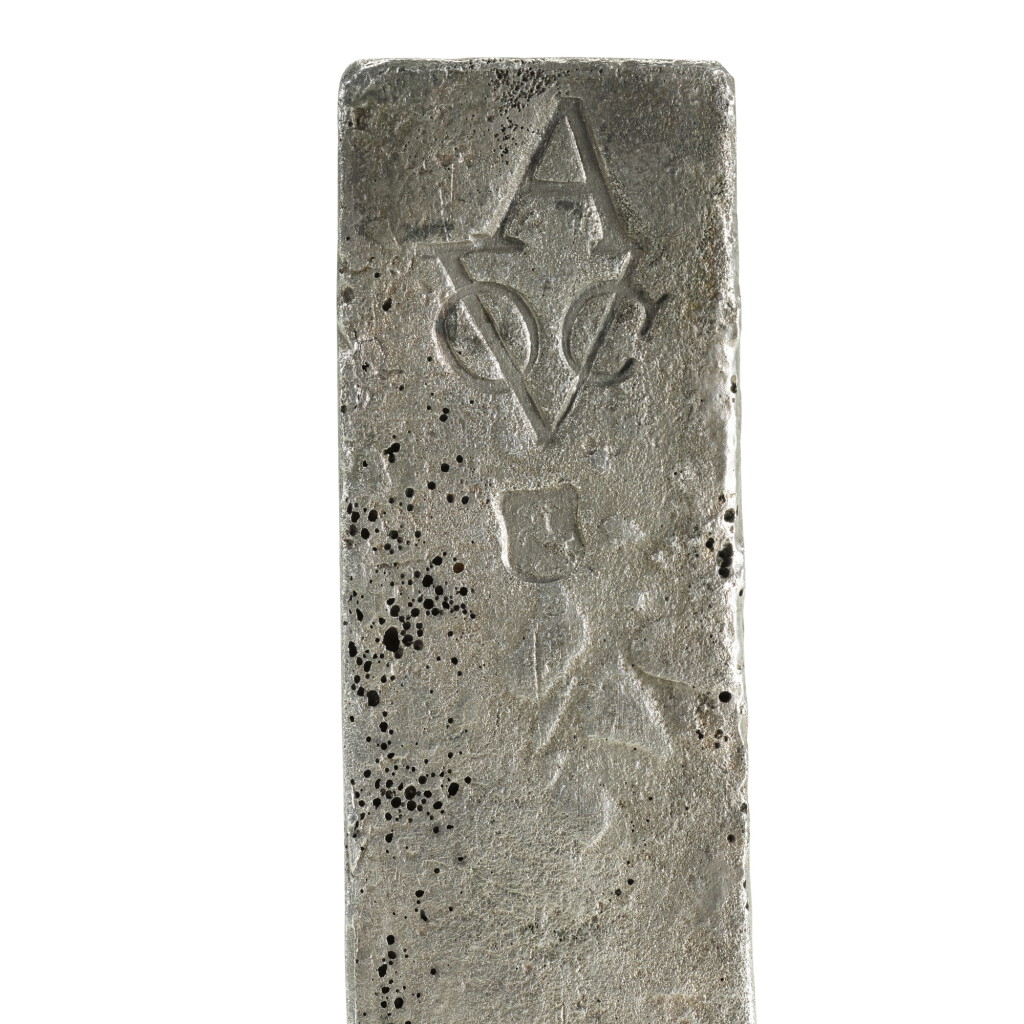 View full screen - View 1 of Lot 35. A Dutch East India Company (V.O.C) silver ingot from the Rooswijk cargo, Assay Master's mark of a rampant goat, circa 1739/1740.