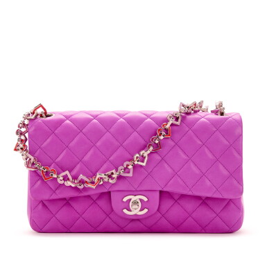 View full screen - View 1 of Lot 72. Fuchsia Quilted Lambskin Medium Classic Heart Chain Valentine Flap Bag Enamel and Silver Hardware, 2004.