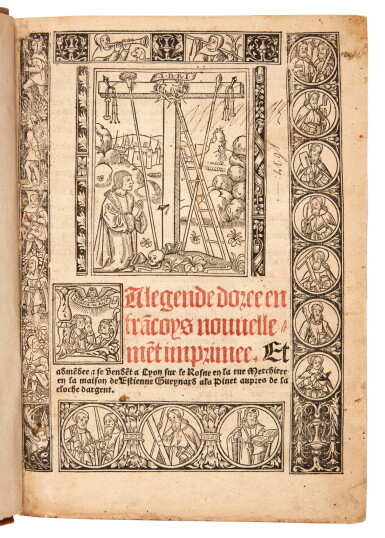 View full screen - View 1 of Lot 1128. Jacobus de Voragine, La legende doree en francoys, Lyon, 1518, seventeenth-century vellum, Croxteth Library copy.