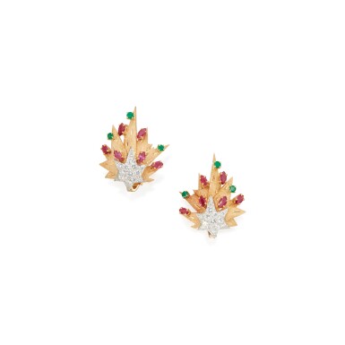 View full screen - View 1 of Lot 102. PAIR OF GOLD, RUBY, EMERALD AND DIAMOND EARCLIPS, CARTIER.