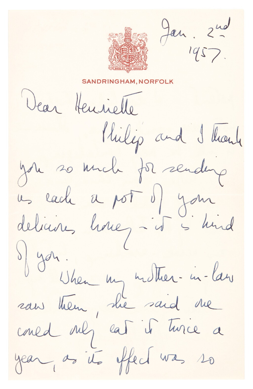 View full screen - View 1 of Lot 33. Elizabeth II | six autograph letters signed, to Henriette Abel Smith, 1957-73.