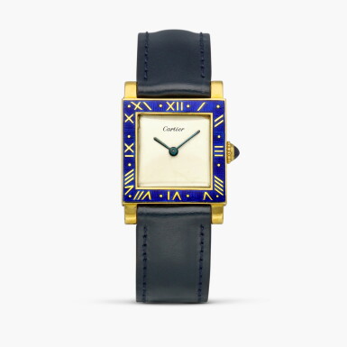 View full screen - View 1 of Lot 2287. Blue Enamel Square | A very rare yellow gold square wristwatch with blue enamel bezel, Circa 1976-77 .